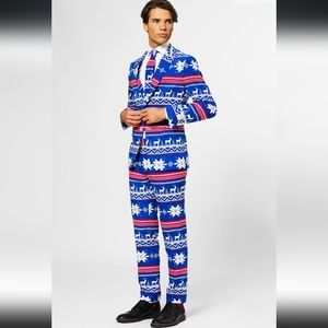 Opposuits Full Holiday Suit with Tie - Snowflakes, Deer - Blue, Red & White